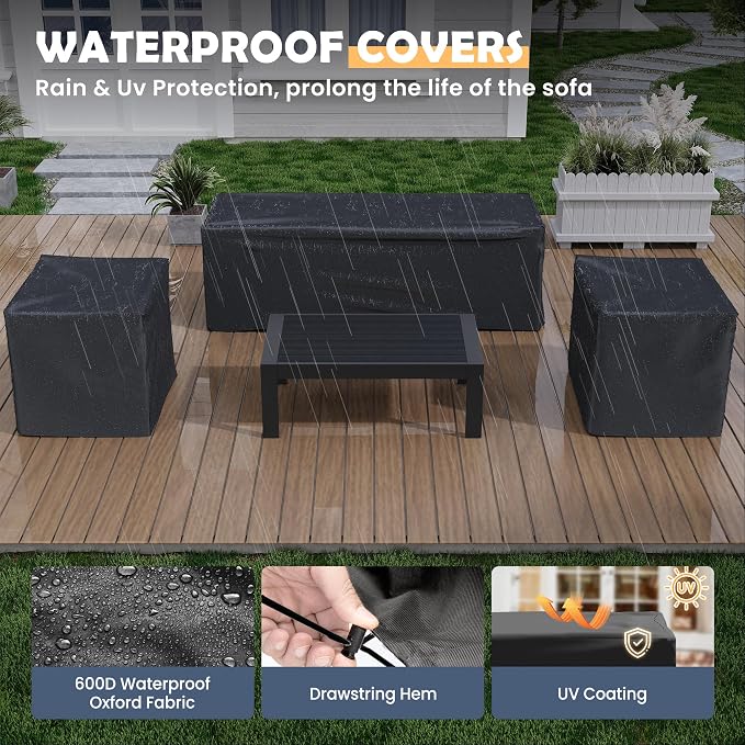 Amopatio Aluminum Patio Furniture Set, 6 Pieces Modern Patio Conversation Sets, Outdoor Sectional Metal Sofa with Coffee Table for Balcony, Garden, Dark Grey (Included Waterproof Covers)