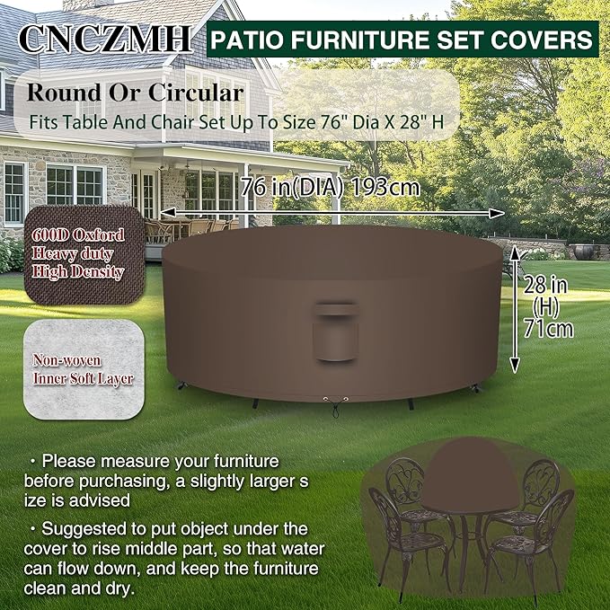 Heavy Duty Patio Furniture Covers Waterproof, 600D Round Outdoor Furniture Cover Waterproof for Sectional Sofa Couch, Outdoor Dining Table and Chair Set Covers 76"DIA x 28"H, Brown