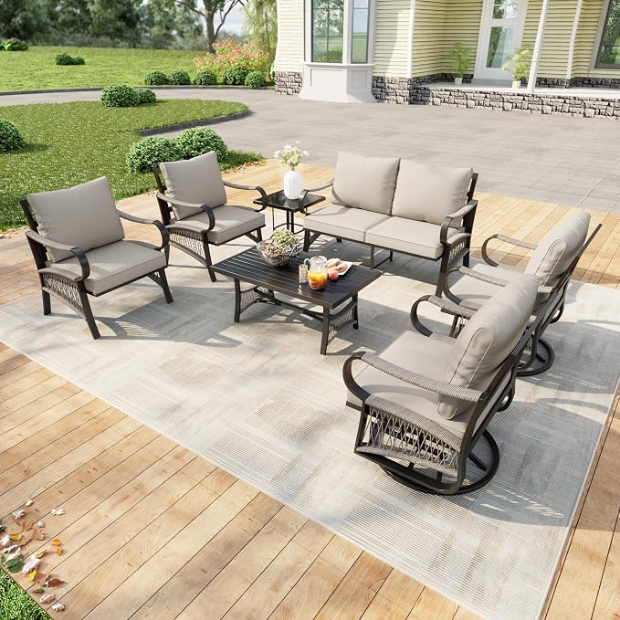 7 Pieces Outdoor Patio Conversation Sets, Outdoor Furniture Set Metal Swivel Rocking Chairs with Side Table, Loveseat Sofa Single Chairs with Coffee Table for Backyard Deck Porch Poolside, Beige