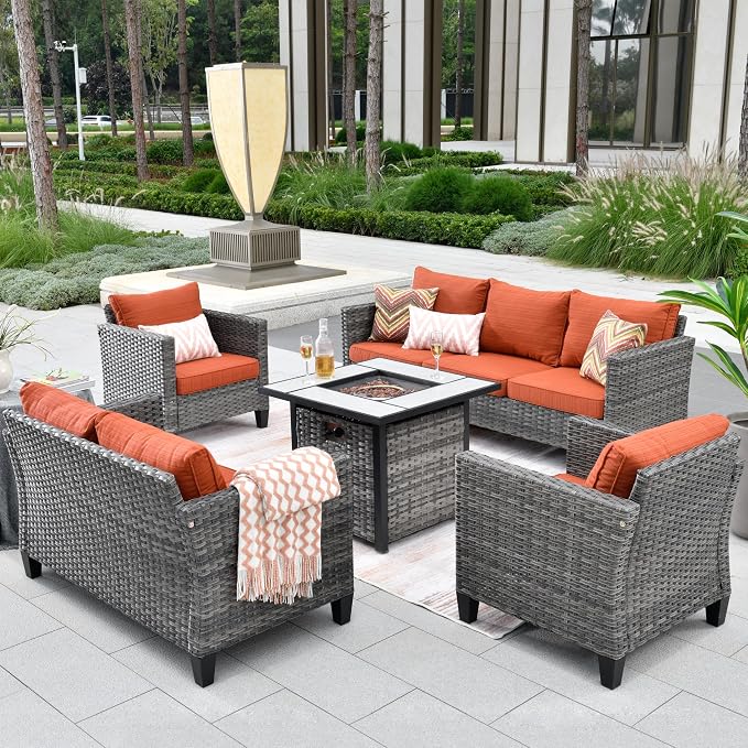 ovios 5 Pieces Patio Furniture Set, Outdoor Wicker Rattan Sofa Couch with 30" Fire Pit Table, Loveseat Chairs, Conversation Sets for Yard Porch Garden, Orange Red