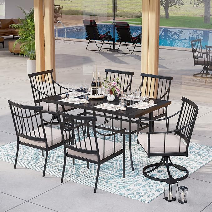 MFSTUDIO 7-Piece Patio Dining Set, Swivel Metal Chairs, Umbrella Hole | 59" Rectangular Metal Table, Beige, Removable Cushions