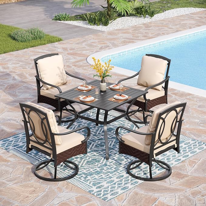 PHI VILLA 5 Piece Patio Dining Set, Square Table, Swivel Wicker Chairs | Heavy Duty Patio Table Set for Deck, 4 Extra Large Outdoor Metal Wicker Dining Chairs with Thick Cushions
