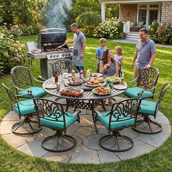 MEETWARM 9-Piece Outdoor Patio Dining Set, All-Weather Cast Aluminum Patio Conversation Set- 8 Cushioned Swivel Rocker, 61" Round Patio Dining Table w/Detachable Lazy Susan/Umbrella Hole, Ocean Blue
