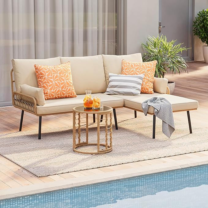 Gizoon 3-Piece Outdoor Patio Furniture Set, All-Weather PE Wicker L-Shaped Conversation Sofa with Thick Cushions & Glass Table, for Backyard, Porch, Balcony, Poolside (Beige)