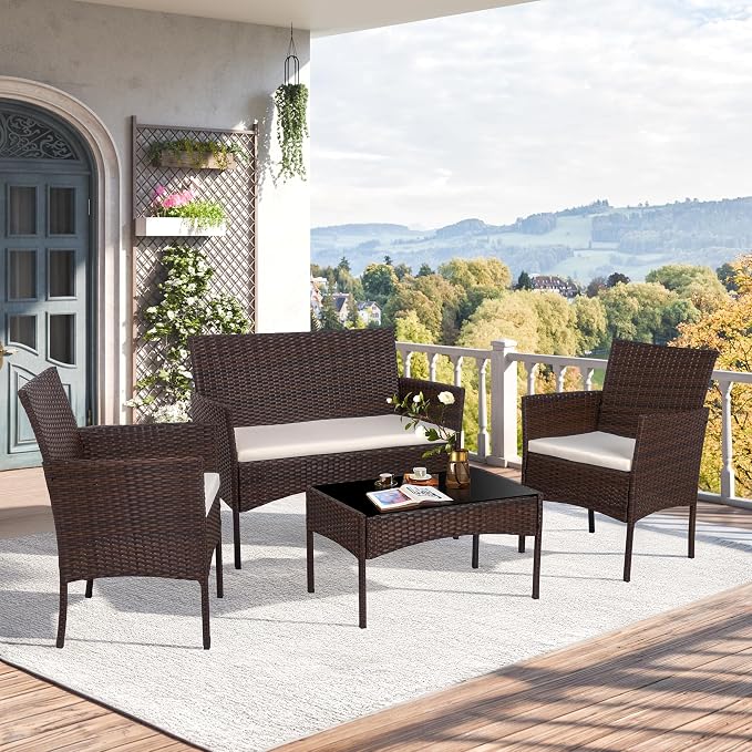 Shintenchi 4 Piece Patio Furniture Sets, Outdoor Small Patio Table and Chairs Set, Rattan Patio Conversation Set, Balcony Porch Furniture with Tempered Glass Coffee Table for Outside, Brown