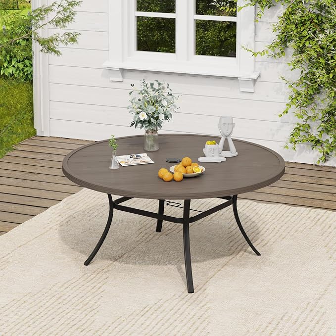 VICLLAX Patio Dining Set, 53" Grey Table & 6 Chairs with Wheat Cushion | Outdoor Table and Chairs Set of Round Metal Patio Table, Outdoor Dining Chairs with Metal Frame, Garden Deck Porch