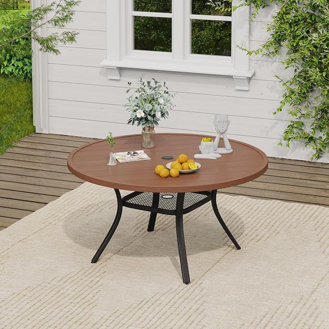 VICLLAX Round Patio Dining Set for 6, Metal Slatted Patio Table with Umbrella Hole and Stackable Patio Chairs for Deck Lawn Garden, Brown Fabric and Walnut Tabletop