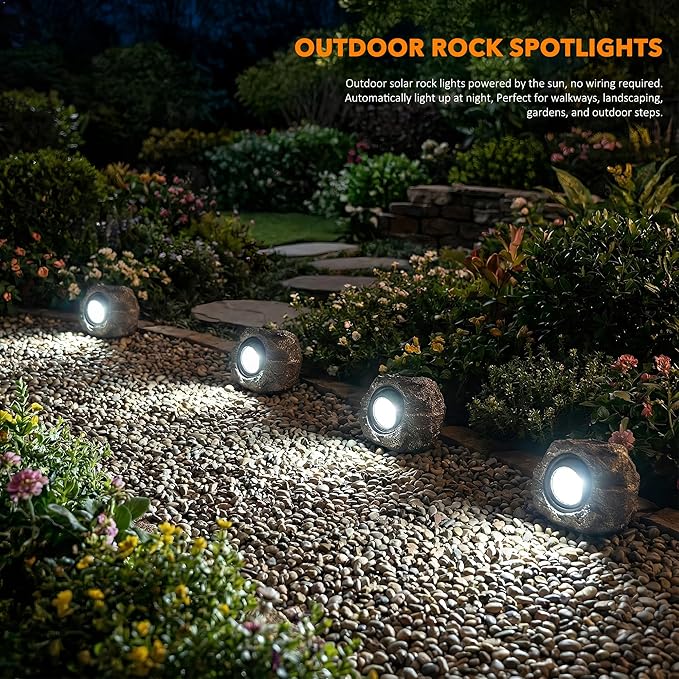 Candieslife Solar Rock Lights Outdoor Garden Waterproof - Super Bright LED Solar Spotlights, Solar Powered Landscape Path Decorative Garden Stone Lights for Pathway, Walkway, Yard, Patio (2 Pack)
