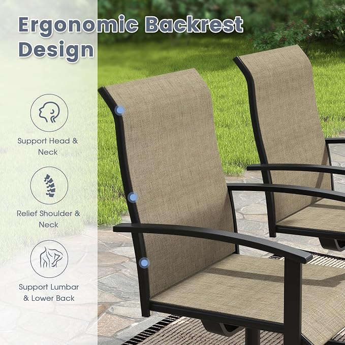VICLLAX 5 Pieces Patio Outdoor Dining Set, 4 Swivel Textilene Chairs and 47.2" Round Metal Table with Umbrella Hole for Porch, Deck, Garden, Walnut/Brown