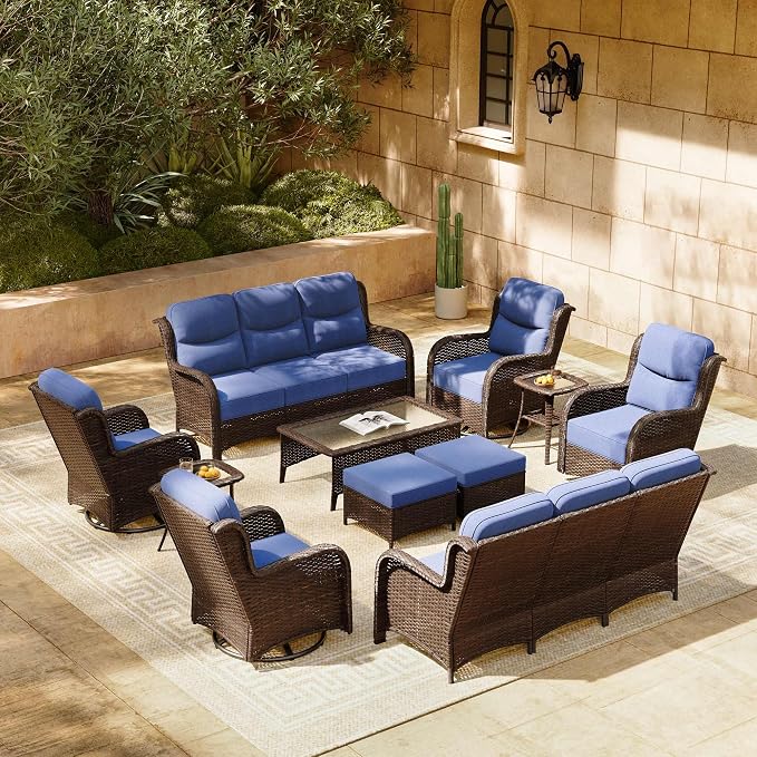 HILLGA 11-Piece Luxury Patio Furniture Set with 6" Thick Cushions, Weather-Resistant Wicker High Back Swivel Rocker Chairs, Senior-Friendly Outdoor Sofa Set for Large Deck, Yard and Poolside, Blue(V2)
