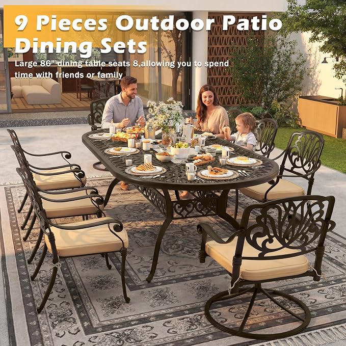 9-Piece Outdoor Dining Set, Retro Bronze Cast Aluminum Patio Furniture Include 86.6" Oval Table and 8 Fixed Chairs with Cushion and Umbrella Hole for Patio Deck Garden