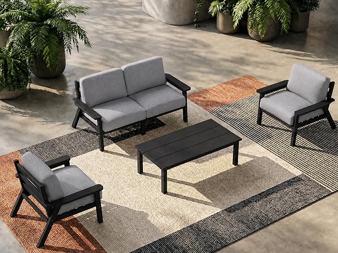 Patio Furniture Set with Washable Thick Grey Cushions, Coffee Table & Side Table, HDPE Outdoor Couch, All-Weather Outdoor Sectional Furniture, Patio Conversation Sets (Black Frame)