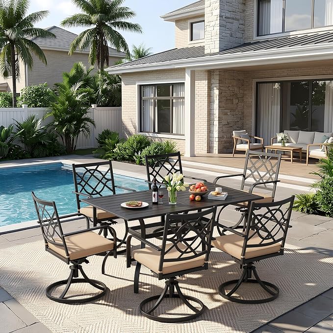 7 Piece Patio Dining Set Outdoor Furniture Set, Rectangular Metal Patio Dining Table with Umbrella Hole & 6 Swivel Dining Chairs for Garden Lawn Yard