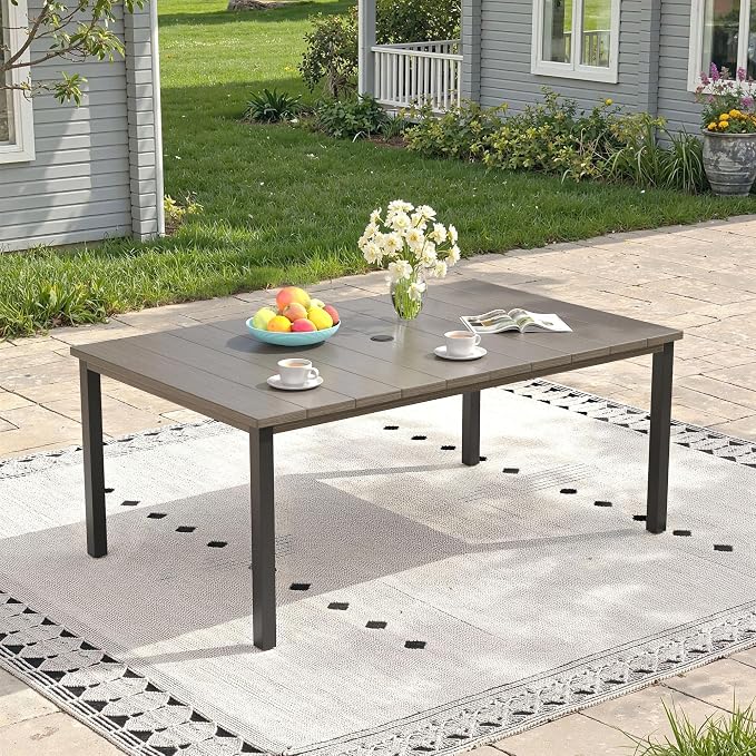 Outdoor Dining Set for 6, 63" Metal Outdoor Dining Table with Umbrella Hole and Sling Patio Swivel Chairs, 7 Pieces Patio Table and Chairs Set for Garden Backyard, Grey