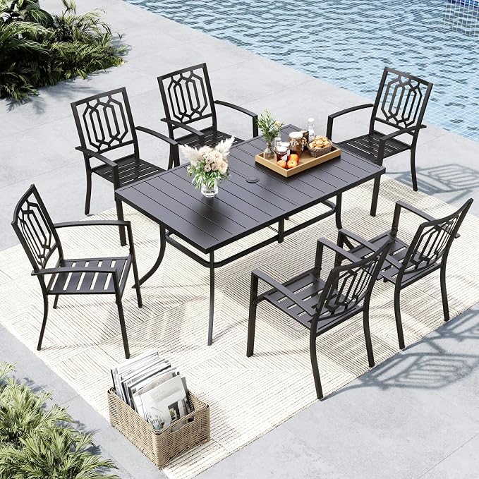MFSTUDIO Patio Table and Chairs Set, Outdoor Dining Set for 6 with Umbrella Hole, 7 Piece Metal Patio Dining Set for Deck, Backyard, Poolside & Garden