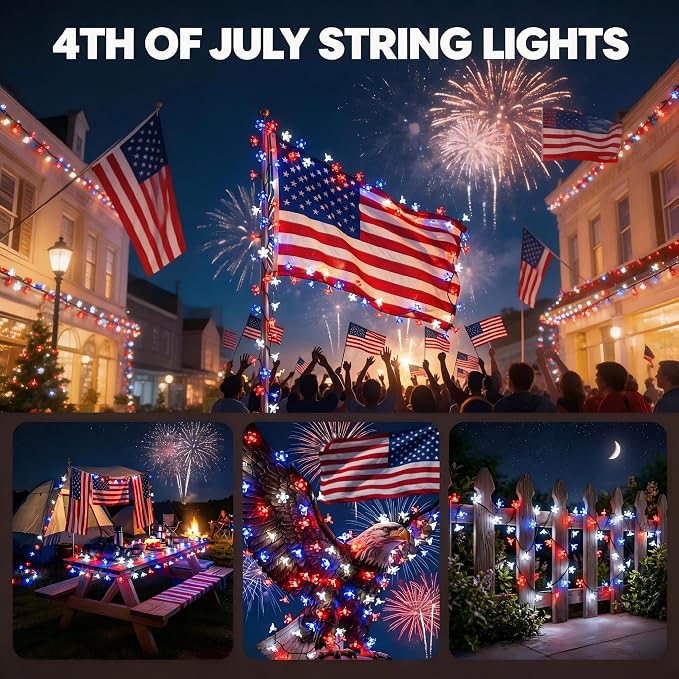 ITICdecor 50 LED Solar Flower String Lights Outdoor Waterproof 4th of July Fairy Light Decorations for Garden, Fence, Patio, Yard &Party Decoration (Red White&Blue)
