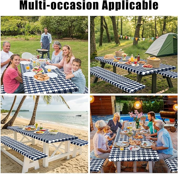 Smiry Picnic Table Cover with Bench Covers, Waterproof Elastic Fitted Tablecloth for 5 Foot Tables, Washable Polyester Tablecloths for Camping & Indoor (Dark Blue & White, 30x60 Inch 3-pc Set)
