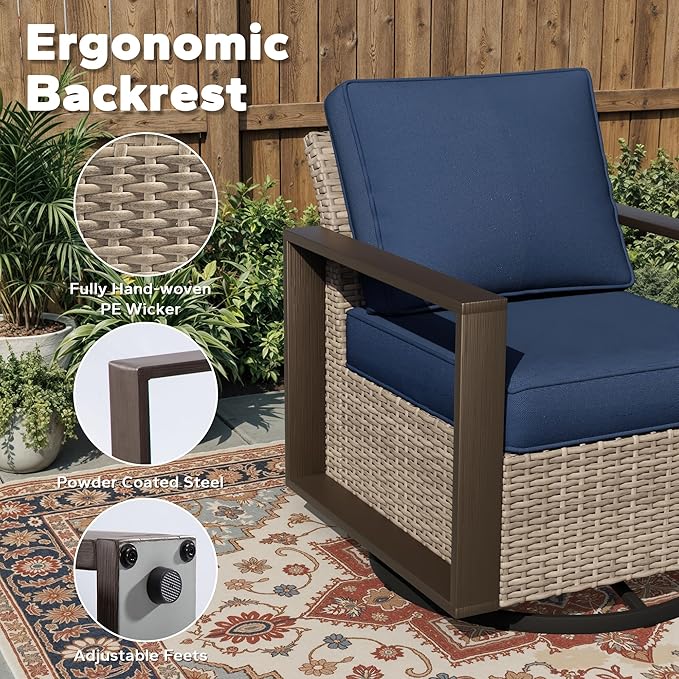 Joyside Outdoor Patio Swivel Rocker Chairs Set, 6 Pieces Wicker Rattan Chairs with Metal Wide Armrest, Thick Cushions and Deep Seating for Garden, Backyard, Porch, Deck