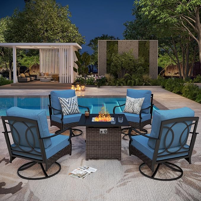 Patio Furniture Set with 32" Fire Pit Table, Patio Conversation Sets 4 Swivel Chairs with Thick Cushion and 50000 BTU Fire Pit Table (5 Pieces,Navy