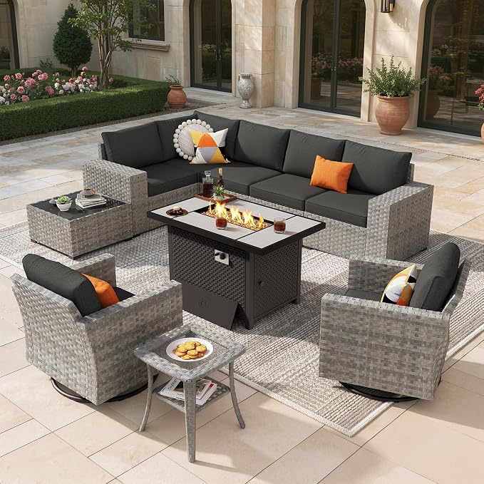 10 Pieces Outdoor Patio Sectional, Wicker Patio Furniture Set with 42 inch Fire Pit Table, All-Weather L Shaped Patio Conversation Set with Swivel Chairs, for Backyard Porch Yard,Black