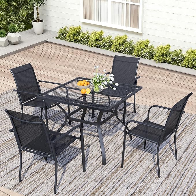 5 Piece Patio Dining Set for 4, 37.5” Black Square Table with Umbrella Hole and 4 Black Patio Stackable Chairs, Patio Table and Chairs for Backyard, Lawn, Deck & Garden