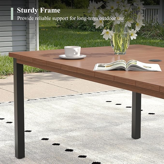 Outdoor Dining Set for 6, 63" Metal Outdoor Dining Table with Umbrella Hole and Sling Patio Swivel Chairs, 7 Pieces Patio Table and Chairs Set for Garden Backyard, Mixed Brown and Walnut