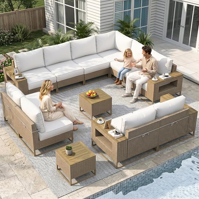 12-Piece Outdoor Patio Furniture Set, Modern PE Wicker Outdoor Sectional Sofa with Storage Armrests & 5.5" Thick Cushions, L-Shaped Couch for Deck, Porch, Backyard, Ivory White