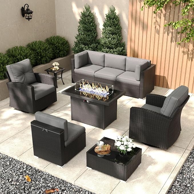 Patio Furniture Set with Fire Pit Table, 9 Pieces Outdoor All-Weather Wicker Conversation Sectional Chair Sofa Set with 2 Swivel Chairs