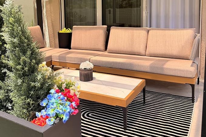 PURPLE LEAF 5 Pieces Patio Conversation Furniture Sets with with 9' X 12' Umbrella Loveseat Chairs Tables Modern Wicker Armrest Outdoor Aluminum Sectional Sofa Sets for Balcony Yard Garden Poolside