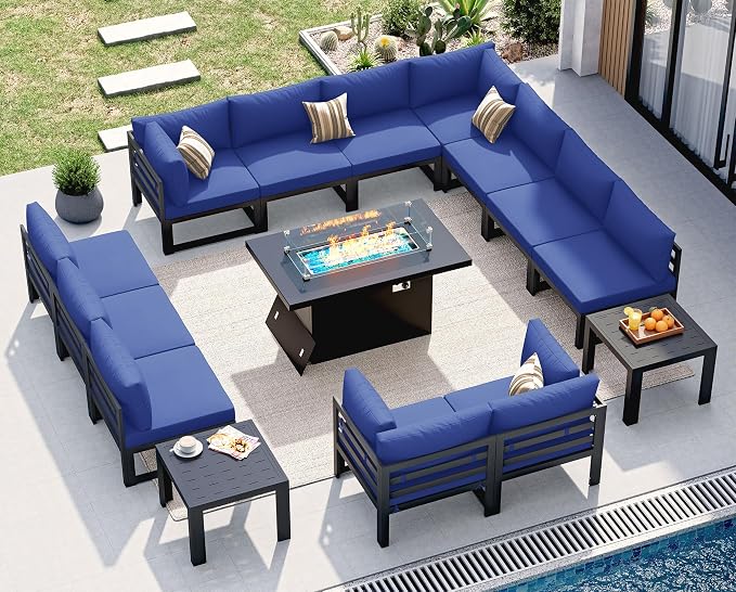 NICESOUL 15 Pcs Large Modern Aluminum Patio Furniture Set with Fire Pit Table Propane/Gas, L Shaped Sectional Sofa with Side Table, 500 lbs Heavy Duty Comfy Outdoor Couch for Backyard Lawn, Navy Blue