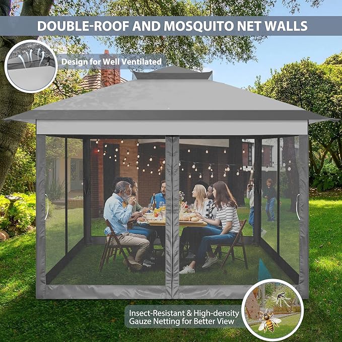 COBIZI 11x11 Pop Up Canopy One-Push Canopy Tent, Carpas para Patio, Outdoor Gazebo Shelter with Double Roof and Mosquito Net of Shade for Lawn, Garden, Backyard and Deck, Gray (Upgraded 2.0)