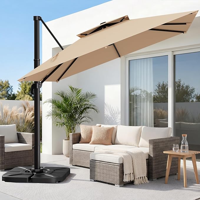 AreShark 10×10FT Double-Top Cantilever Patio Umbrella with Base Included, Offset Umbrella with 360 Degree Rotation, Heavy Duty Patio Umbrella for Garden Deck Pool, 5 Tilt Angles, Beige