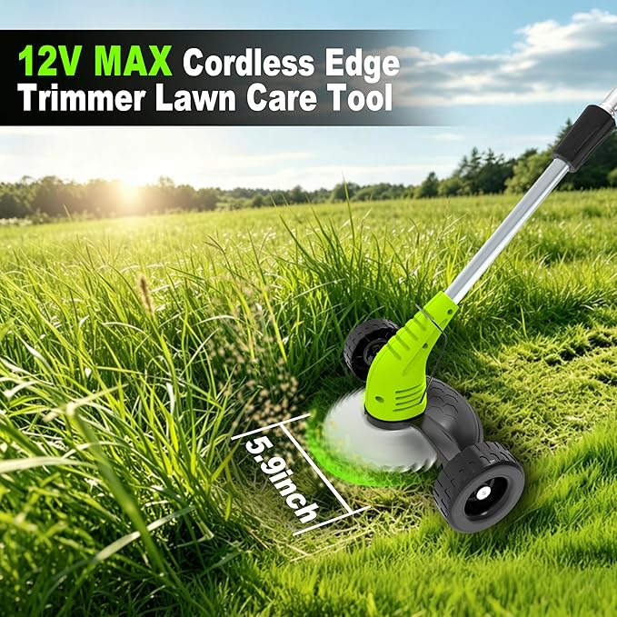 Electric Weed Wacker Cordless, 3-in-1 Wheeled Grass Trimmer with Height Adjustment, 2.0Ah Battery and 3 Types Blades for Yard, Lawn, Patio, Garden, Walkway, Fence & Branch Trimming, Green