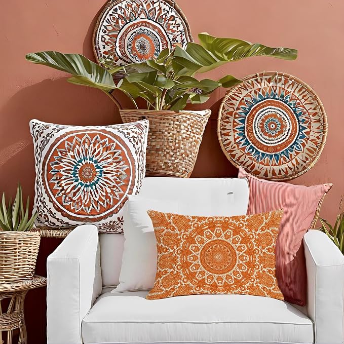 Fall Orange Outdoor Pillow Covers 12x20 Waterproof Mandala Bohemian Accent Lumbar Throw Pillow Covers for Patio Garden Couch Hippie Room Decor