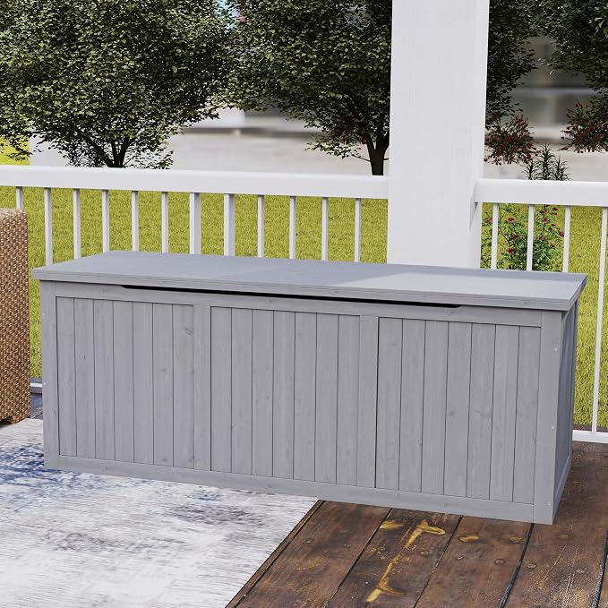 112 Gallon Outdoor Wooden Deck Box Solid Wood Storage Box Seat Table Top for Patio Furniture Cushions, Pool Toys Garden Tools