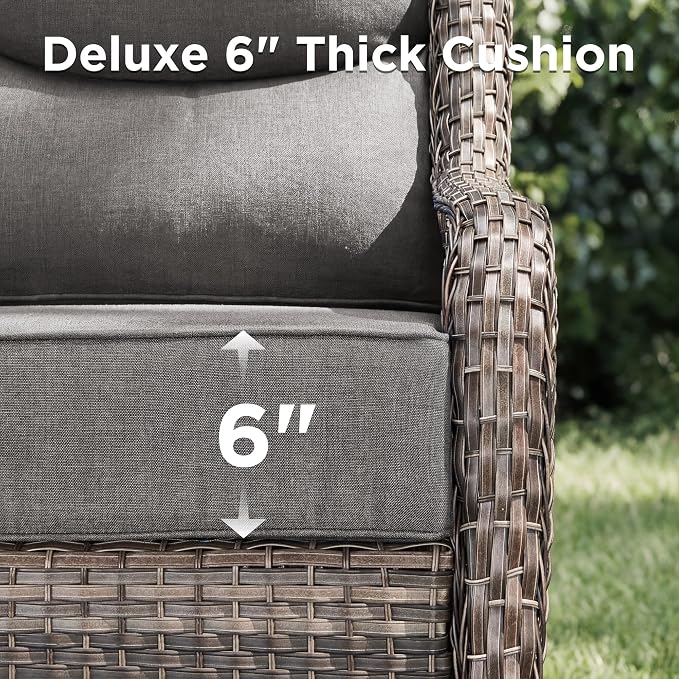 Luxury 6 Pieces Outdoor Patio Furniture Set-All Weather Wicker Outdoor Furniture with Swivel Rocker Patio Chairs 6-inch Extra Thick Cushions Wicker Conversation Set for Garden Porch(Grey/Grey)