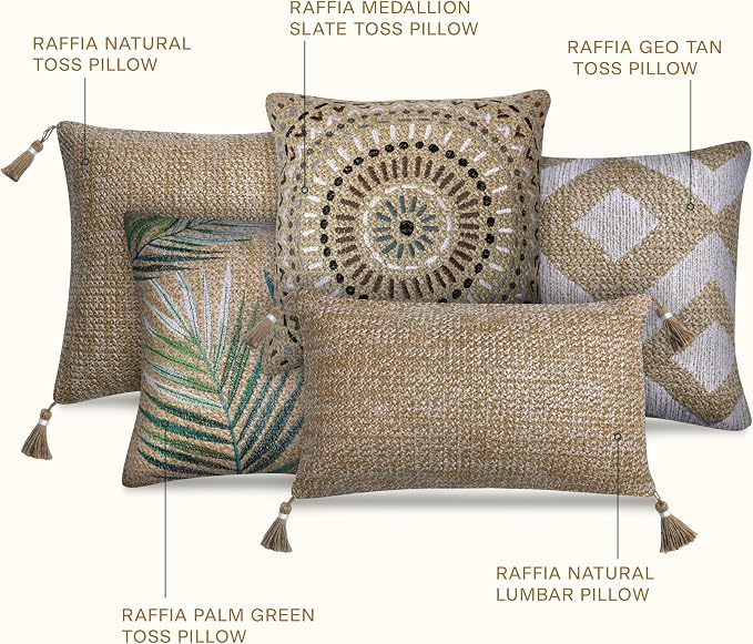 Honeycomb Outdoor Square Toss Pillows for Patio Furniture, 17 x 17, 2-Pack | Raffia Medallion Slate Throw Pillows, Water & Fade Resistant for Patio Furniture Set, 2-Pack