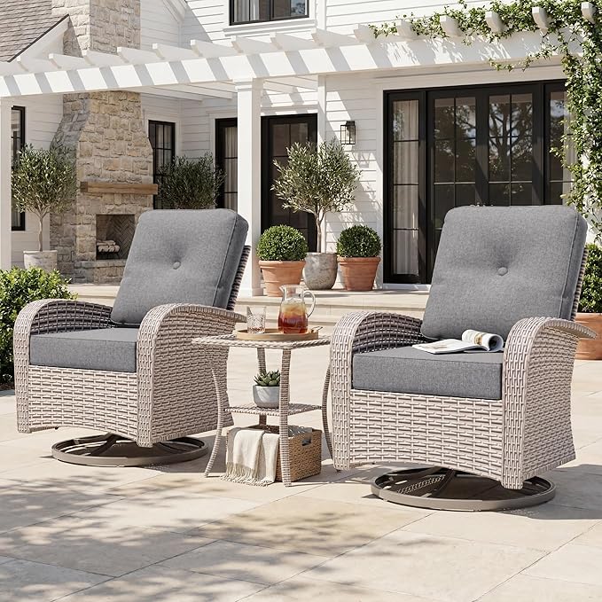 Patio Wicker Chairs Swivel Rocker, Outdoor Swivel Glider Rocker Chairs with Rattan Side Table, All Weather Conversation Set for Porch Poolside Balcony,Gray