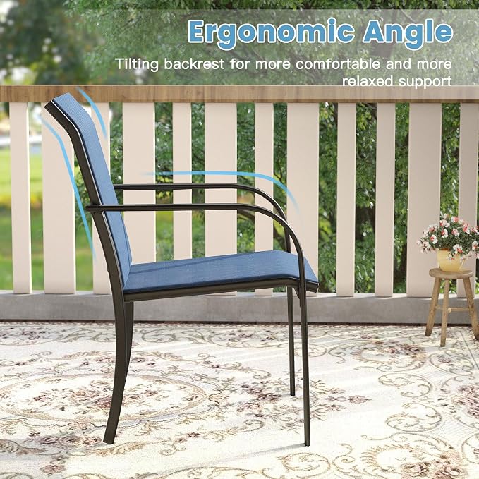 DIFY Patio Dining Set for 6, 7 Piece Outdoor Table and Chairs Set, 47.2" Black Round Metal Patio Dining Table and 6 Blue Textilene Stackable Patio Chairs, for Backyard Garden Poolside