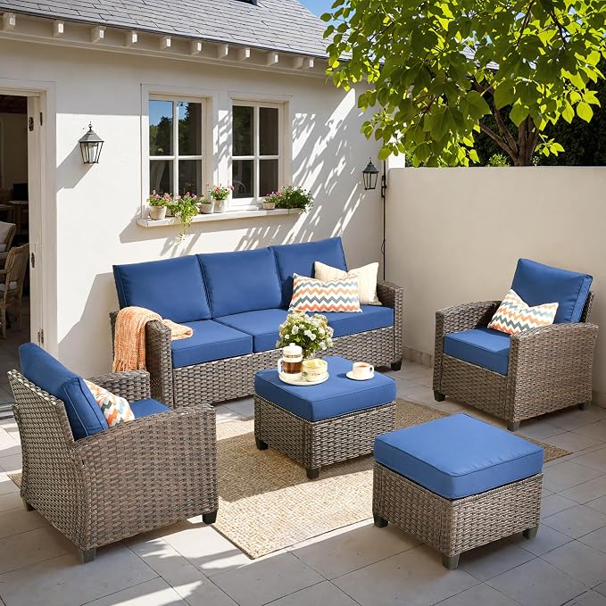 CAODOC Patio Furniture Sets, Outdoor Wicker Furniture with Ottomans, 5 Pieces Outdoor Sofa Couch Conversation Set with Cushioned Rattan Chairs for Garden Poolside Backyard, Blue