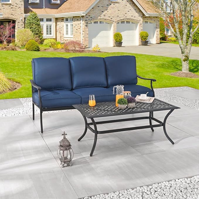 LOKATSE HOME 3 Seat Metal Patio Loveseat Bench Outdoor Furniture Bistro Set with Coffee Table for Lawn Front Porch Garden Yard or Poolside, Blue