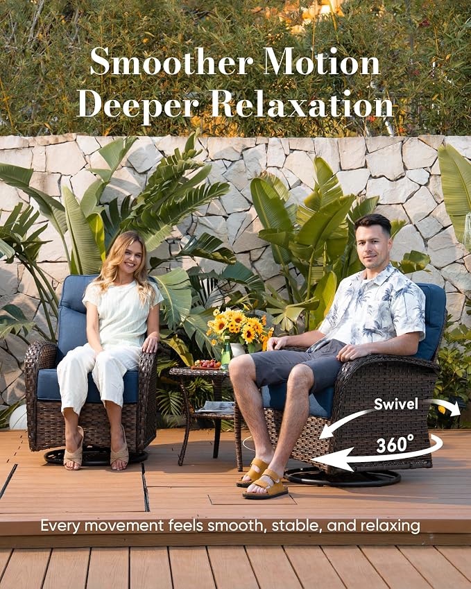 Belord Upgraded 6“ Cushion Luxury 6 Piece Patio Furniture Set - Wicker Couch Outdoor Conversation Set with Swivel Rocker Patio Chairs, Deep Seat Glider Chairs Set for Deck Porch - Brown/Blue
