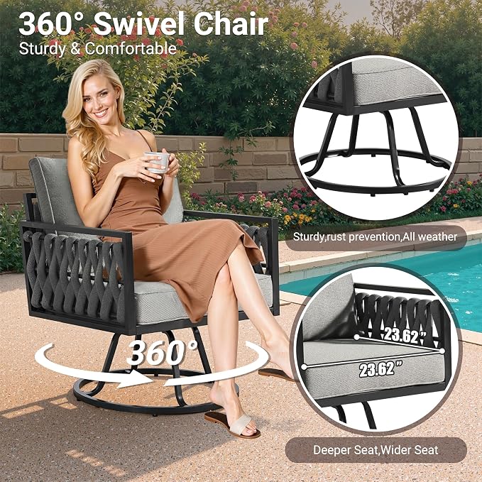 Weaxty Modern Patio Furniture Set 6 Piece, Rope Outdoor Patio Conversation Sets Sectional Sofa Swivel Chairs Table Ottoman, All Weather Metal Balcony Furniture for Backyard Garden, Light Grey