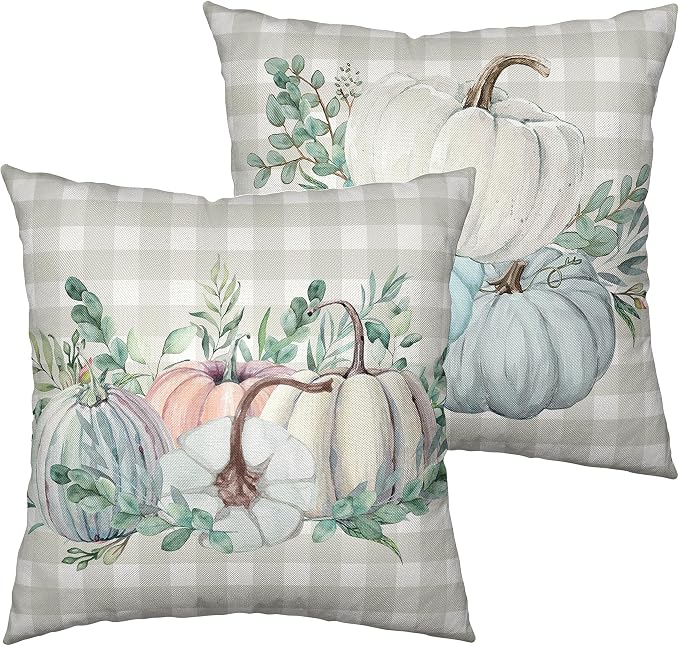 Fall Thanksgiving Pillow Covers 18x18 Set of 2 Watercolor Blue Pink Pumpkin Throw Pillow Covers Grey Plaid Autumn Farmhouse Pillow Case Harvest Decorations for Couch Outdoor Patio