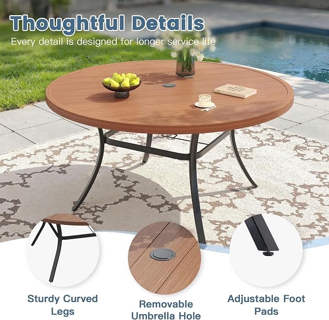 DIFY 7 Pieces Outdoor Dining Set for 6, 53" Walnut Round Metal Table with Umbrella Hole and Brown Textilene Swivel Patio Chairs, Patio Table and Chairs Set for Garden, Backyard, Poolside
