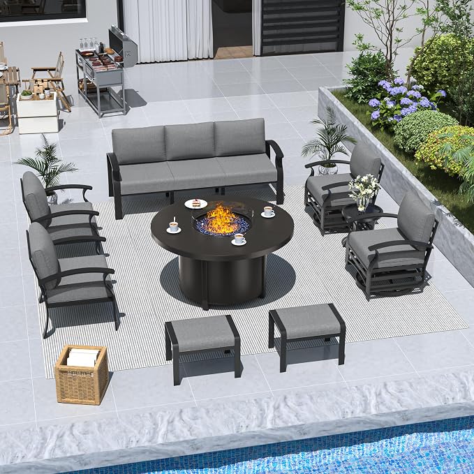 ALAULM Aluminum Patio Furniture Set with Coffee Table Rectangular, 5-seat Outdoor Sectional Furniture w/2 Swivel Chairs, Patio Conversation Set for Porch, Backyard, Poolside-Grey