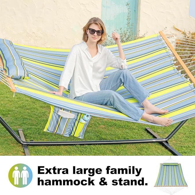 GAFETE 2 Person Hammock with Stand for Outside, Heavy Duty Steel Stand, 55inch Double Hammocks, Large Removable Pillow, Storage Bags, Max 475 lbs Capacity (Sapling Green)