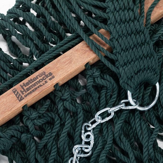 Hatteras Hammocks Executive Green DuraCord Rope Hammock – 13 ft. x 65 in., 2-Person, 450 lb Capacity, Cumaru Spreader Bar, Zinc-Plated Hardware – Handcrafted in The USA