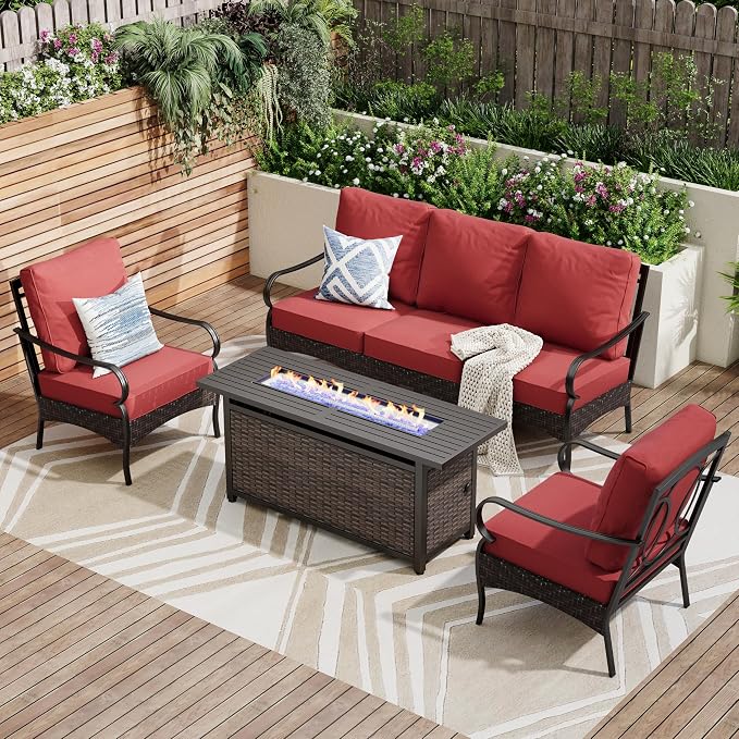 PHI VILLA Patio Furniture Set with 56" Fire Pit Table, Premium Outdoor Wicker Metal Frame Furniture with Upgraded Waterproof Thick Cushions for Porch, Poolside, Deck, and Yard （4 Pieces,Red