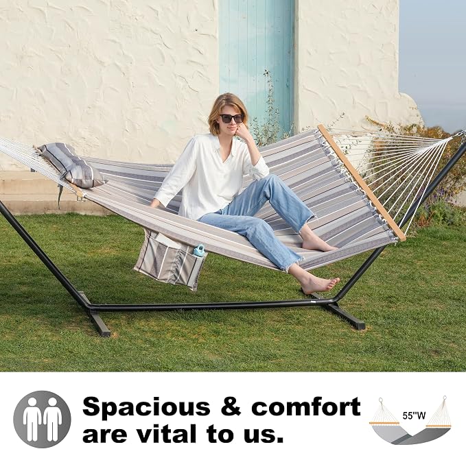 GAFETE 2 Person Hammock with Stand for Outside, Heavy Duty Steel Stand, 55inch Double Hammocks, Large Removable Pillow, Storage Bags, Max 475 lbs Capacity (Peace Dove)